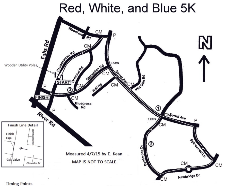 Red, White & Blue 5K course map: start and finish on Glenolden Drive, looping through Counselman, Ormond, Sorrel Ave, Iron Gate, Bentcross, Spicewood, Newbridge, and back to River Road. Measured 4/7/15 by E. Kean.